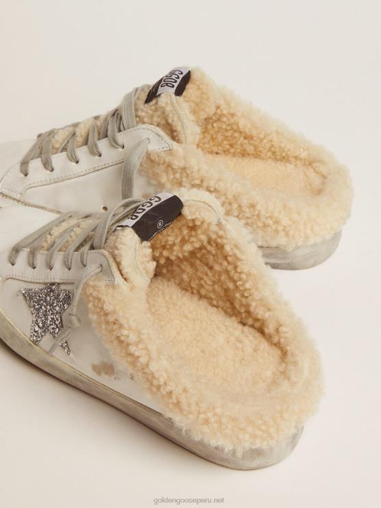 FDVPX117 Golden Goose mujer zuecos superestrella de piel blanca con estrella de purpurina plateada y forro de borrego