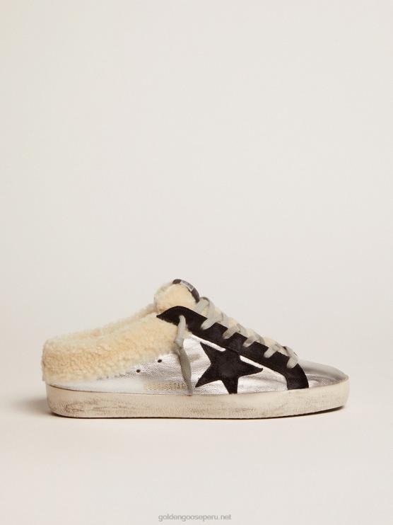 FDVPX121 Golden Goose mujer zuecos super-star de piel laminada plateada con estrella de ante negro