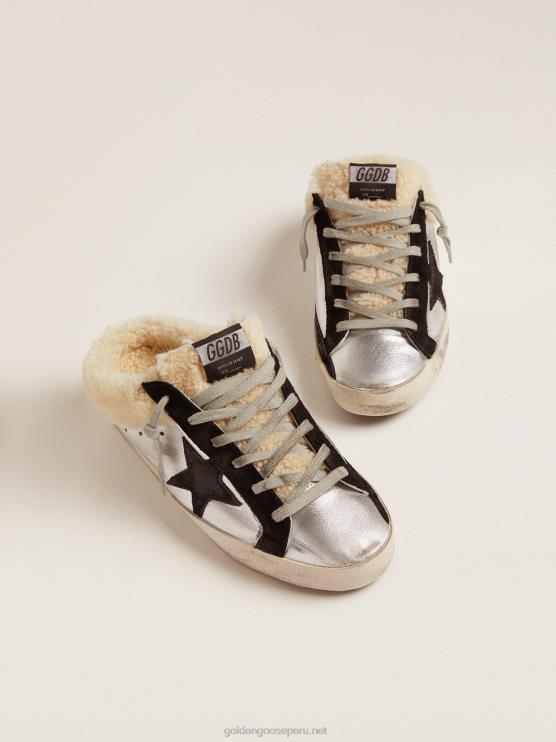 FDVPX121 Golden Goose mujer zuecos super-star de piel laminada plateada con estrella de ante negro