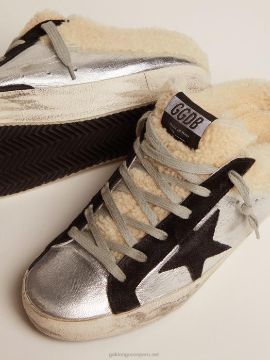 FDVPX121 Golden Goose mujer zuecos super-star de piel laminada plateada con estrella de ante negro
