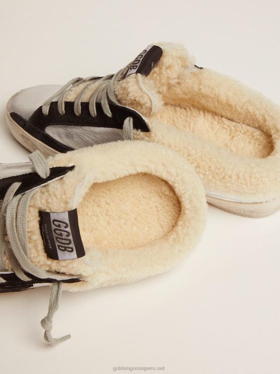FDVPX121 Golden Goose mujer zuecos super-star de piel laminada plateada con estrella de ante negro
