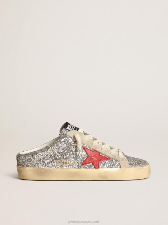 FDVPX13 Golden Goose mujer zuecos super-star en purpurina plateada con estrella de piel roja