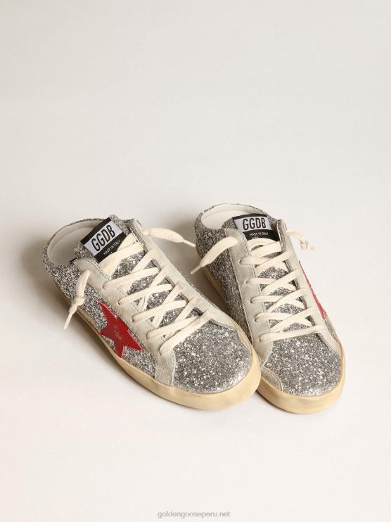 FDVPX13 Golden Goose mujer zuecos super-star en purpurina plateada con estrella de piel roja