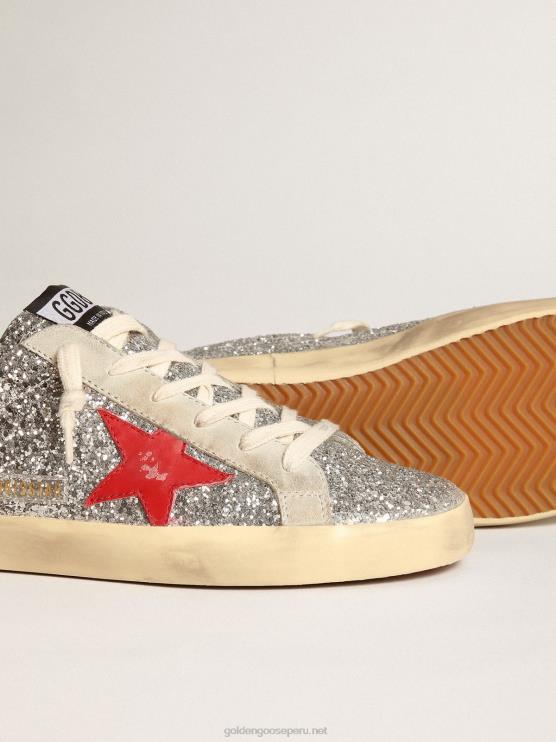 FDVPX13 Golden Goose mujer zuecos super-star en purpurina plateada con estrella de piel roja