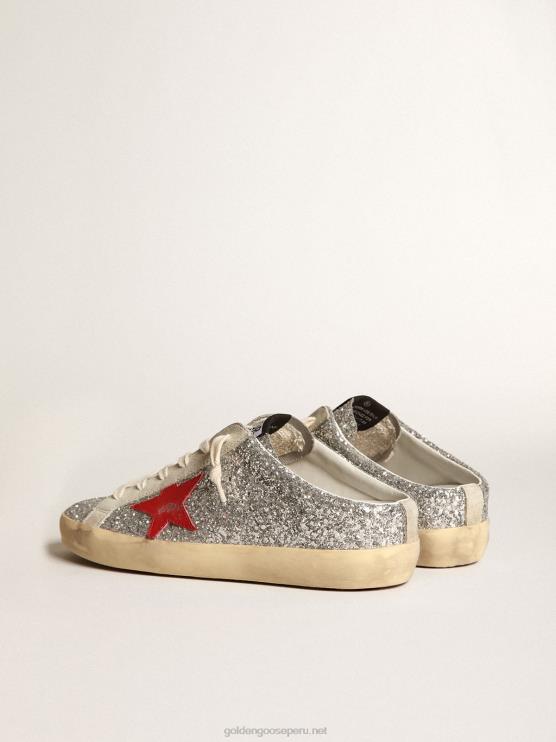 FDVPX13 Golden Goose mujer zuecos super-star en purpurina plateada con estrella de piel roja
