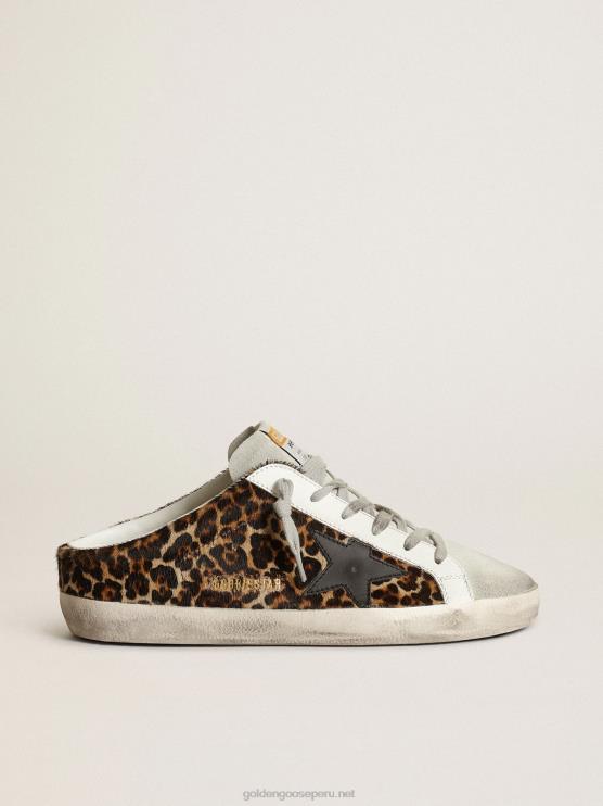 FDVPX15 Golden Goose mujer zuecos super-star de piel de potro con estampado de leopardo, estrella de cuero negro y lengüeta de ante gris hielo