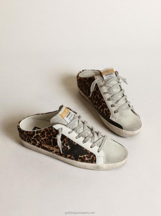 FDVPX15 Golden Goose mujer zuecos super-star de piel de potro con estampado de leopardo, estrella de cuero negro y lengüeta de ante gris hielo