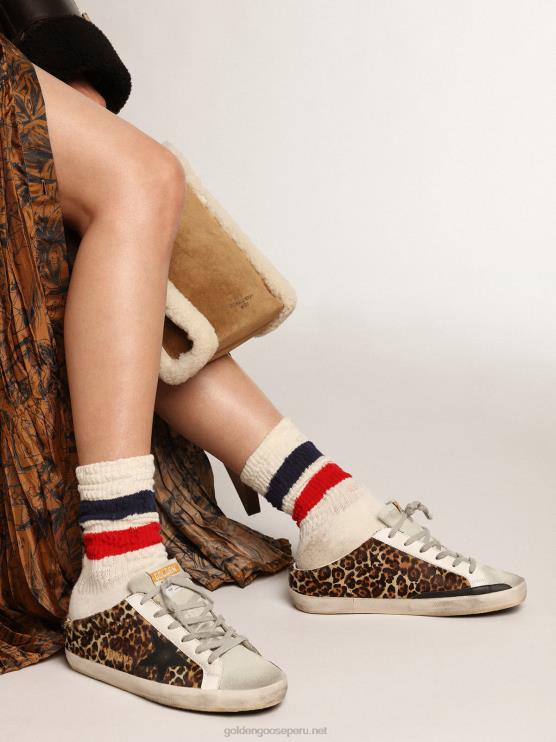 FDVPX15 Golden Goose mujer zuecos super-star de piel de potro con estampado de leopardo, estrella de cuero negro y lengüeta de ante gris hielo