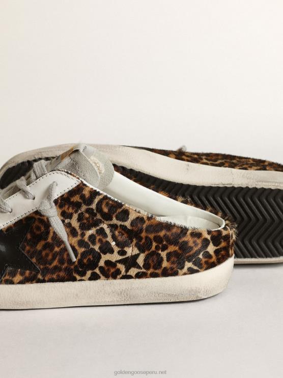 FDVPX15 Golden Goose mujer zuecos super-star de piel de potro con estampado de leopardo, estrella de cuero negro y lengüeta de ante gris hielo