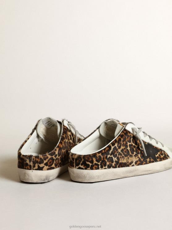 FDVPX15 Golden Goose mujer zuecos super-star de piel de potro con estampado de leopardo, estrella de cuero negro y lengüeta de ante gris hielo