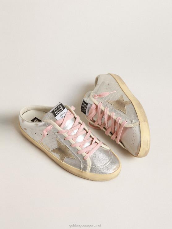 FDVPX237 Golden Goose mujer zuecos super-star de piel plateada metalizada con estrella de ante