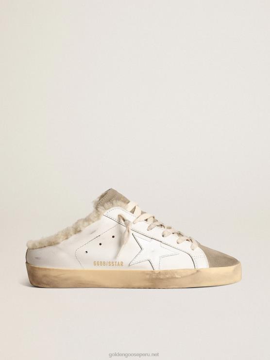 FDVPX238 Golden Goose mujer zuecos super-star con estrella de piel blanca y forro de borrego