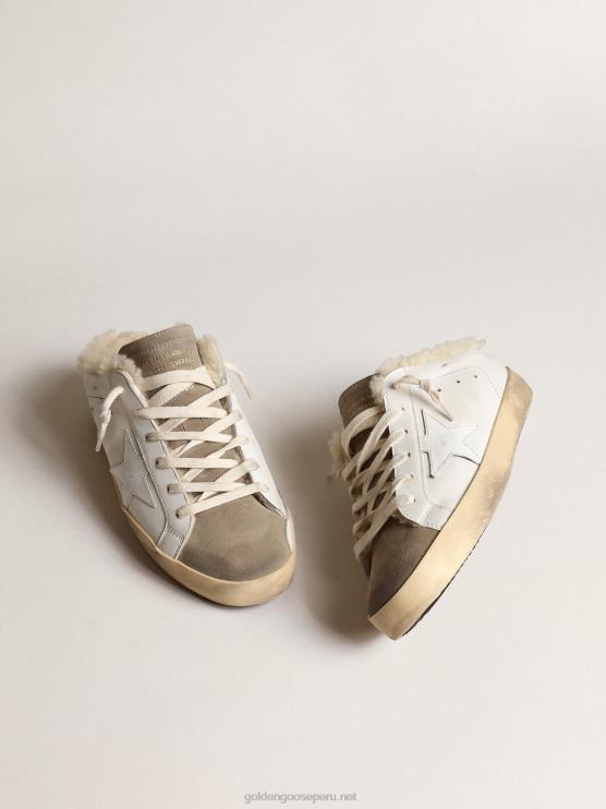 FDVPX238 Golden Goose mujer zuecos super-star con estrella de piel blanca y forro de borrego