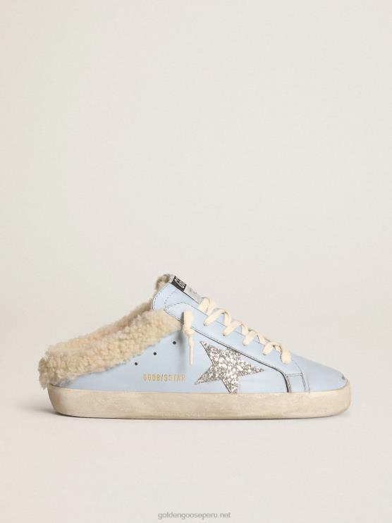 FDVPX274 Golden Goose mujer zuecos superestrella de piel azul claro con estrella de purpurina plateada y forro de borrego beige