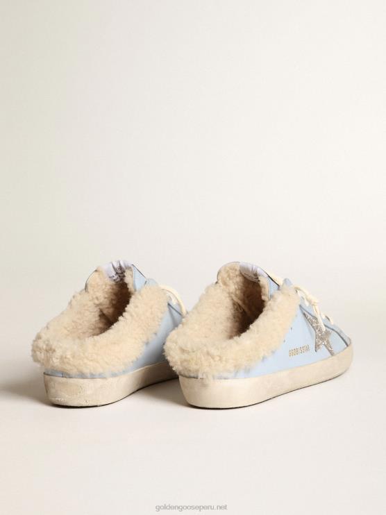 FDVPX274 Golden Goose mujer zuecos superestrella de piel azul claro con estrella de purpurina plateada y forro de borrego beige