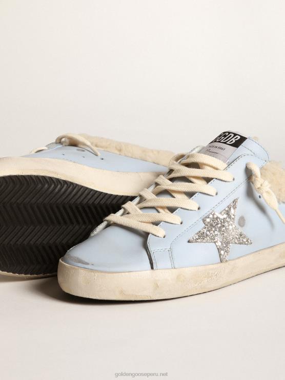 FDVPX274 Golden Goose mujer zuecos superestrella de piel azul claro con estrella de purpurina plateada y forro de borrego beige