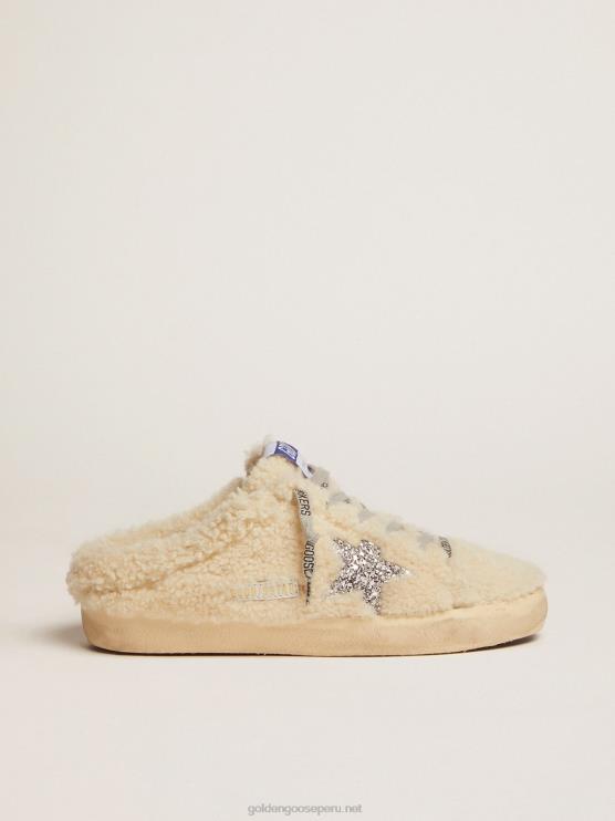 FDVPX67 Golden Goose mujer zuecos superestrella de borrego blanco con estrella brillante
