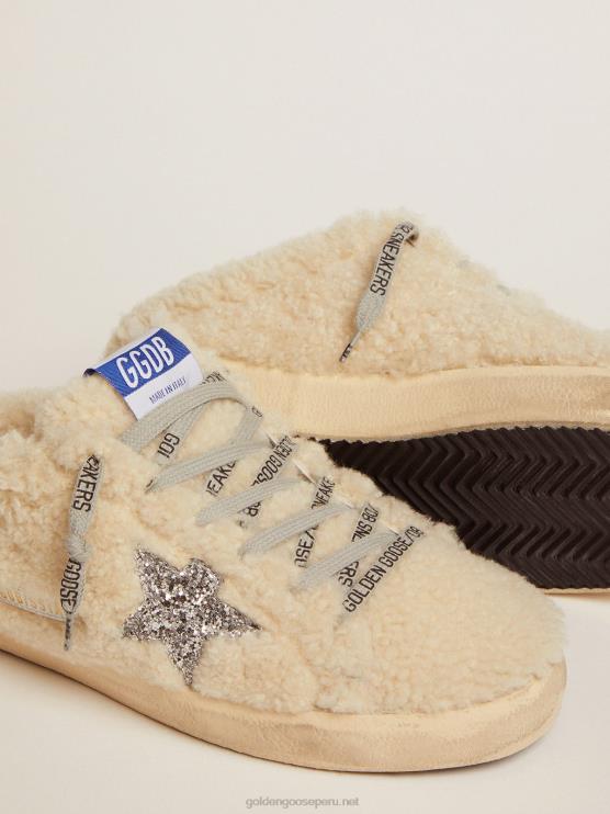 FDVPX67 Golden Goose mujer zuecos superestrella de borrego blanco con estrella brillante