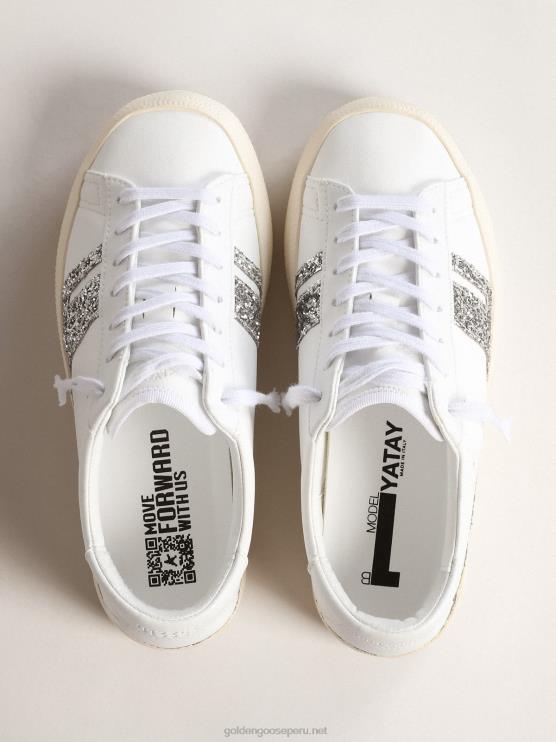 FDVPX168 Golden Goose mujer Yatay modelo 1b zapatillas sostenibles con parte superior de base biológica blanca y purpurina reciclada plateada.