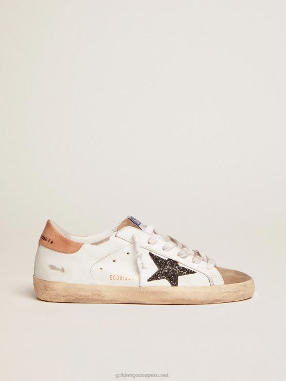 FDVPX103 Golden Goose mujer zapatillas super-star con estrella de purpurina negra y refuerzo del talón de piel rosa antiguo