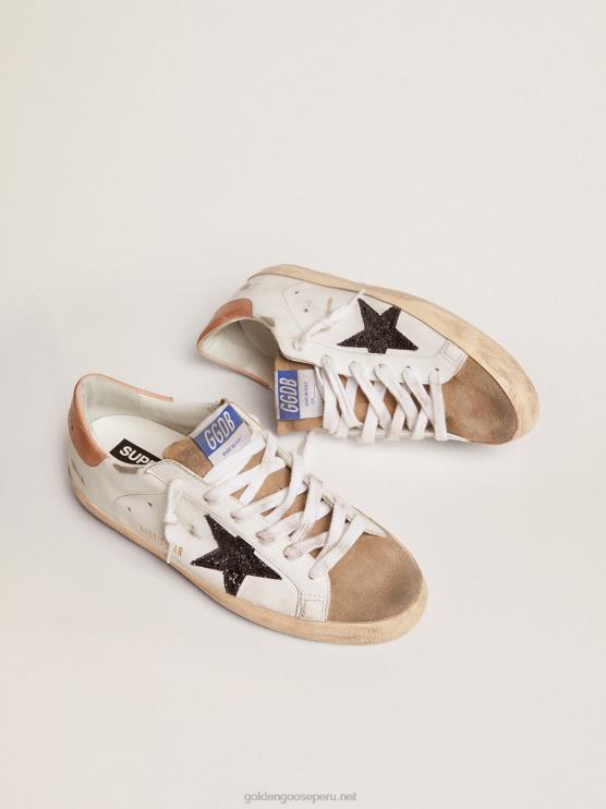 FDVPX103 Golden Goose mujer zapatillas super-star con estrella de purpurina negra y refuerzo del talón de piel rosa antiguo