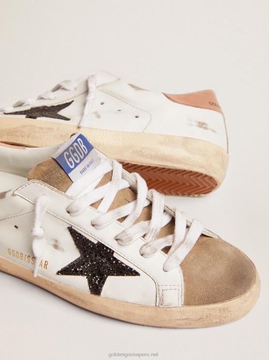 FDVPX103 Golden Goose mujer zapatillas super-star con estrella de purpurina negra y refuerzo del talón de piel rosa antiguo