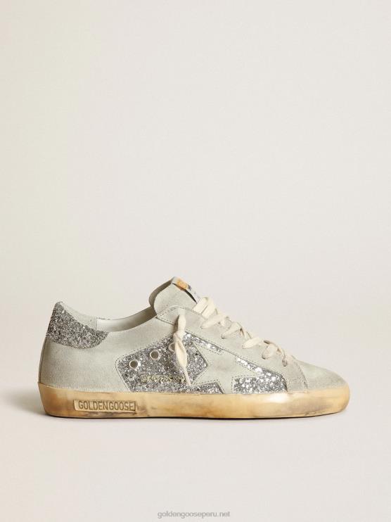 FDVPX12 Golden Goose mujer zapatillas super-star en purpurina plateada con estrella e inserciones de ante gris hielo