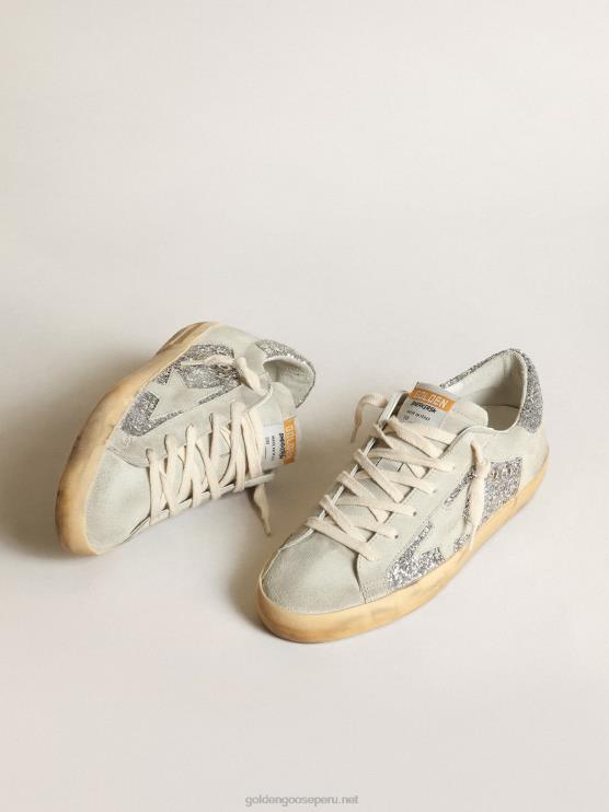FDVPX12 Golden Goose mujer zapatillas super-star en purpurina plateada con estrella e inserciones de ante gris hielo