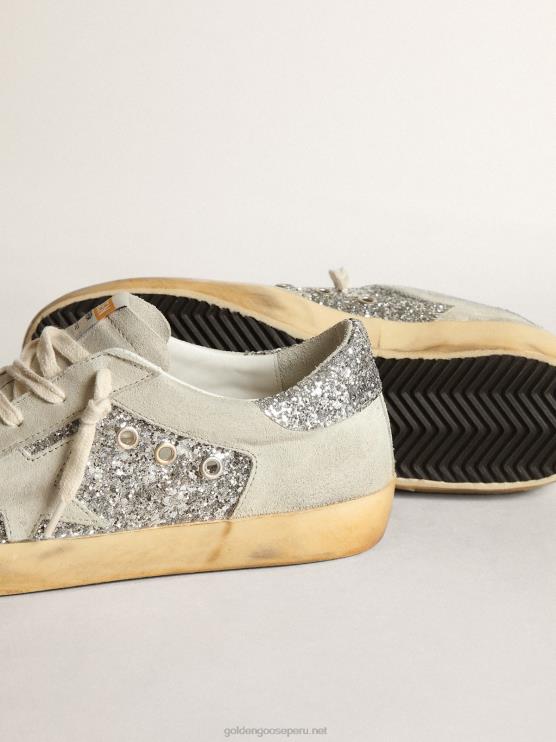 FDVPX12 Golden Goose mujer zapatillas super-star en purpurina plateada con estrella e inserciones de ante gris hielo
