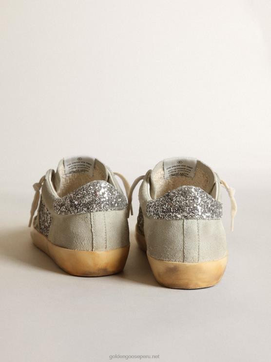 FDVPX12 Golden Goose mujer zapatillas super-star en purpurina plateada con estrella e inserciones de ante gris hielo