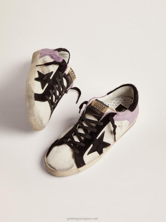 FDVPX135 Golden Goose mujer zapatillas super-star de piel de potro blanca y lila con inserciones de piel de potro negra