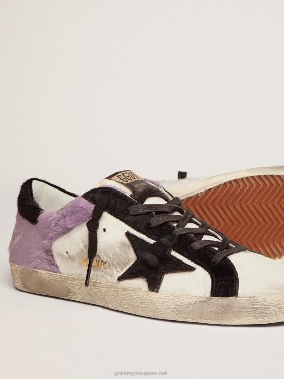 FDVPX135 Golden Goose mujer zapatillas super-star de piel de potro blanca y lila con inserciones de piel de potro negra