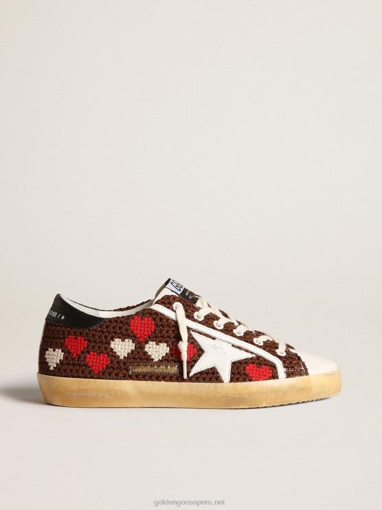 FDVPX167 Golden Goose mujer superestrella en croché marrón con corazones bordados y estrella blanca