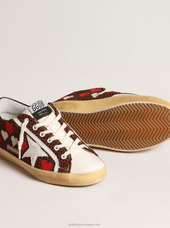 FDVPX167 Golden Goose mujer superestrella en croché marrón con corazones bordados y estrella blanca