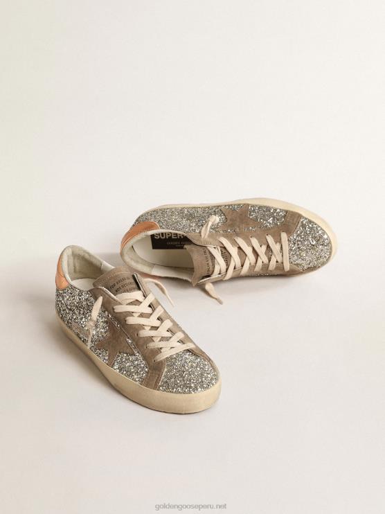FDVPX196 Golden Goose mujer superestrella en purpurina platino con estrella de ante gris paloma