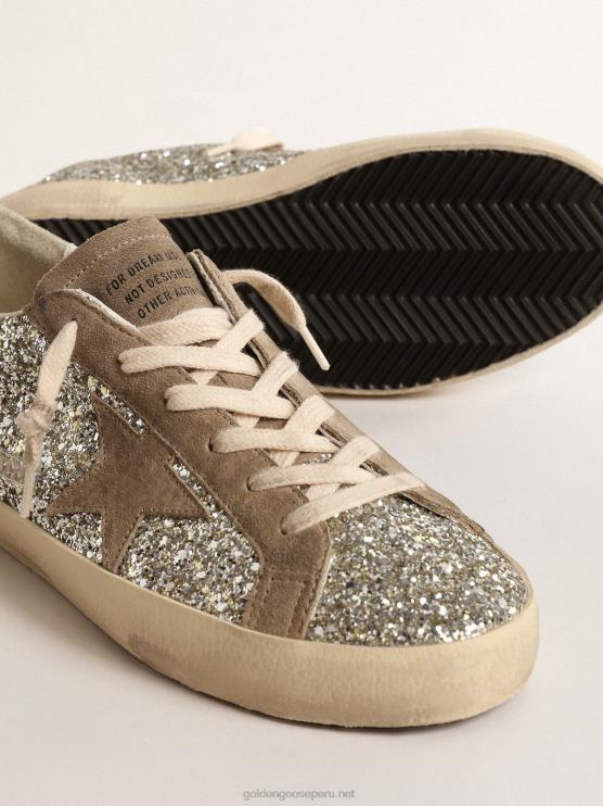 FDVPX196 Golden Goose mujer superestrella en purpurina platino con estrella de ante gris paloma