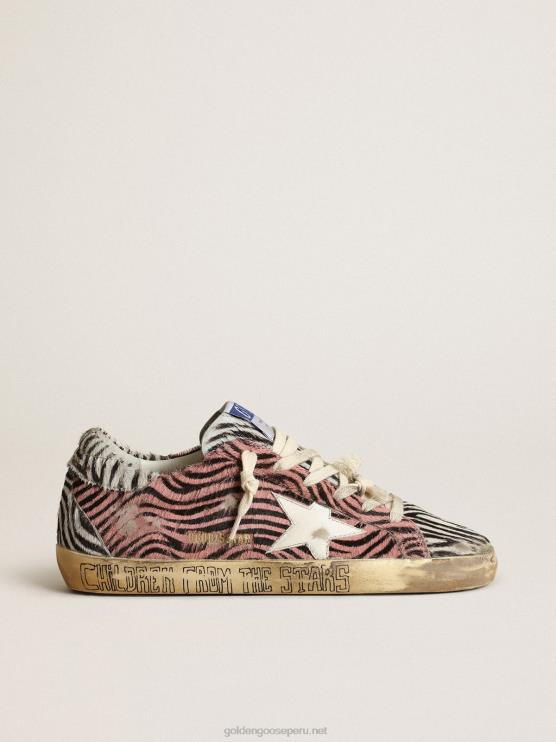 FDVPX198 Golden Goose mujer superestrella en piel de poni rosa y blanca con estampado de cebra y estrella blanca