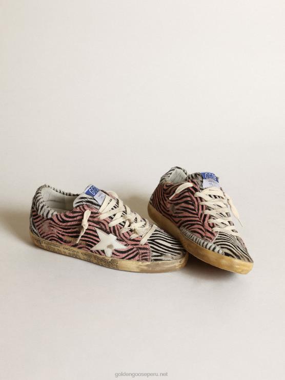 FDVPX198 Golden Goose mujer superestrella en piel de poni rosa y blanca con estampado de cebra y estrella blanca