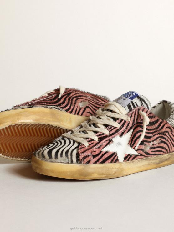 FDVPX198 Golden Goose mujer superestrella en piel de poni rosa y blanca con estampado de cebra y estrella blanca