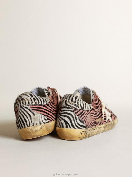 FDVPX198 Golden Goose mujer superestrella en piel de poni rosa y blanca con estampado de cebra y estrella blanca