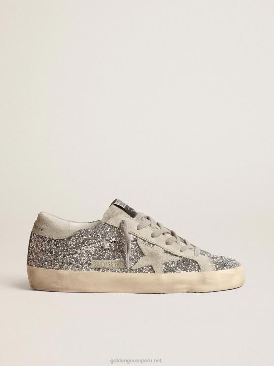 FDVPX217 Golden Goose mujer superestrella en purpurina plateada con estrella de ante gris hielo