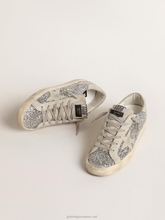 FDVPX217 Golden Goose mujer superestrella en purpurina plateada con estrella de ante gris hielo