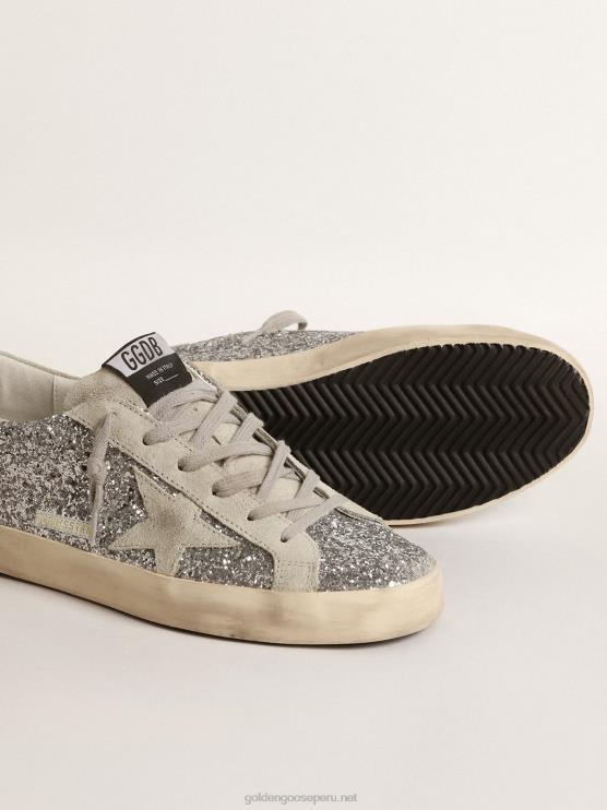 FDVPX217 Golden Goose mujer superestrella en purpurina plateada con estrella de ante gris hielo