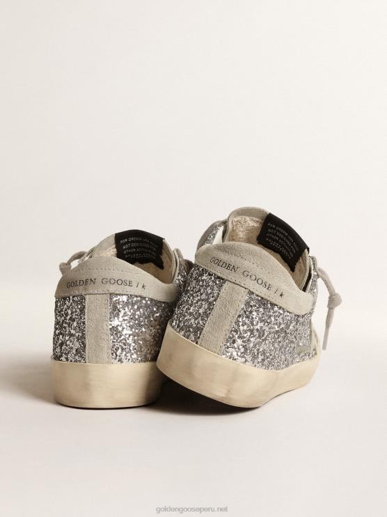FDVPX217 Golden Goose mujer superestrella en purpurina plateada con estrella de ante gris hielo