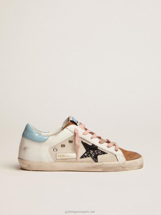 FDVPX227 Golden Goose mujer zapatillas deportivas super-star de malla gris claro y piel blanca con estrella de purpurina negra