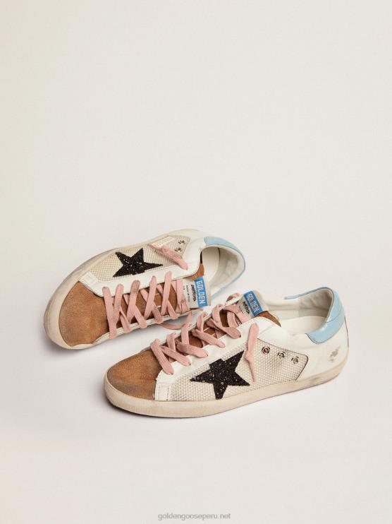FDVPX227 Golden Goose mujer zapatillas deportivas super-star de malla gris claro y piel blanca con estrella de purpurina negra