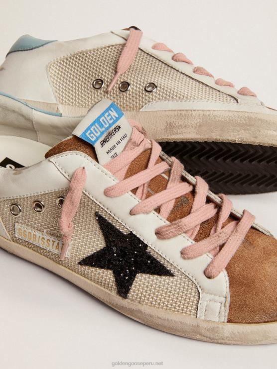 FDVPX227 Golden Goose mujer zapatillas deportivas super-star de malla gris claro y piel blanca con estrella de purpurina negra