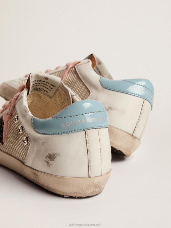 FDVPX227 Golden Goose mujer zapatillas deportivas super-star de malla gris claro y piel blanca con estrella de purpurina negra