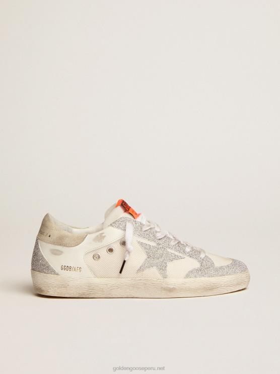 FDVPX228 Golden Goose mujer super-star ltd en cuero blanco y malla con estrella e inserciones en microcristales swarovski plateados