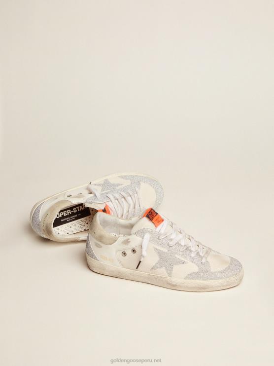 FDVPX228 Golden Goose mujer super-star ltd en cuero blanco y malla con estrella e inserciones en microcristales swarovski plateados